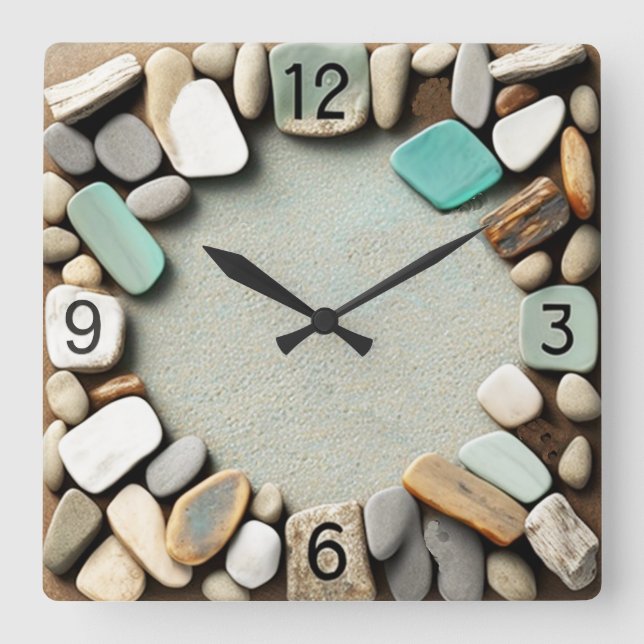 Ocean Stones and Sea Glass Driftwood Square Wall Clock (Front)