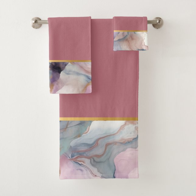 OCEAN STORM MARBLE DUSTY PINK BATHROOM TOWEL SET (Insitu)