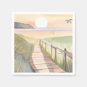 Ocean Stroll   Yellow Sunset Watercolor Napkin