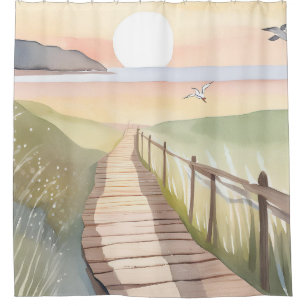 Ocean Stroll   Yellow Sunset Watercolor Shower Curtain
