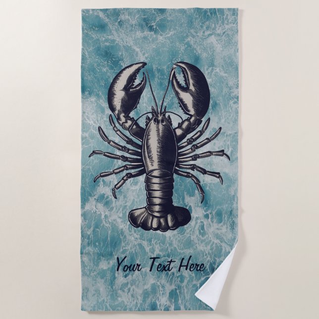 Ocean Summer Beach Waves Lobster Personalised Towel (Front)