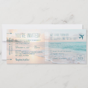 Ocean Sun Beach Wedding Ticket Invite with RSVP