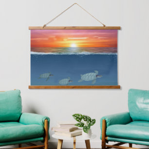 Ocean Sunrise and Swimming Sea Turtles Hanging Tapestry