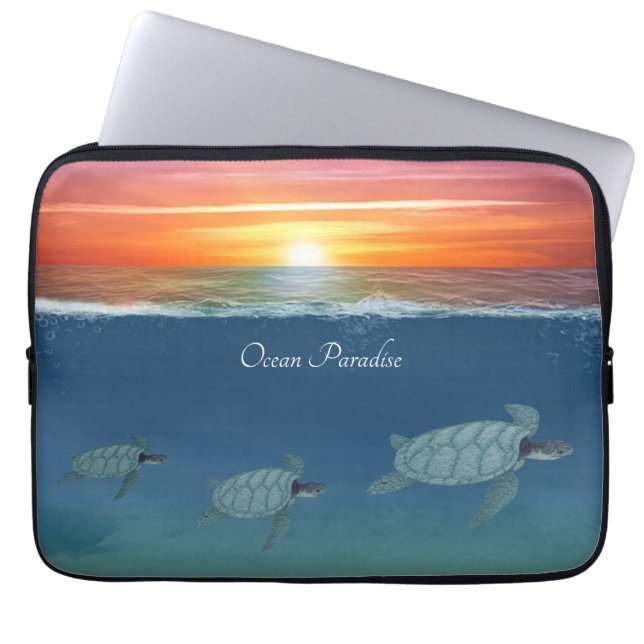Ocean sunrise and swimming sea turtles laptop sleeve (Front)