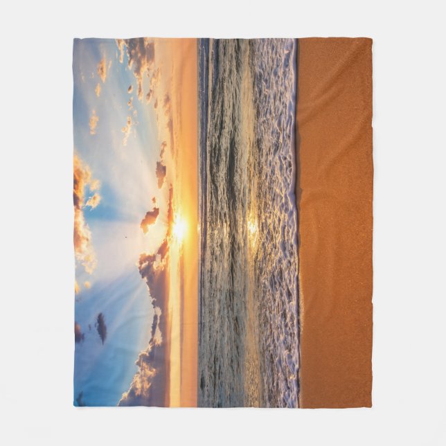 Ocean sunrise, deep blue horizon. fleece blanket (Front)