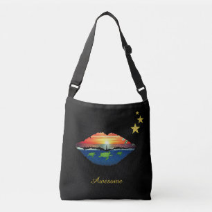 Ocean sunrise lips, stars and calligraphy on black crossbody bag