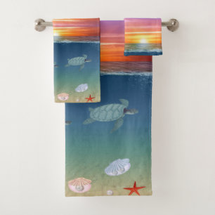 Ocean sunrise, sea turtles and pearls bath towel set