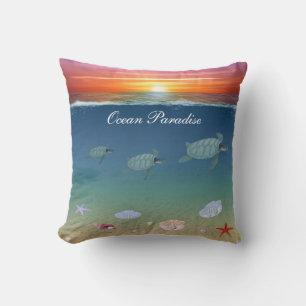 Ocean sunrise, sea turtles and shells cushion