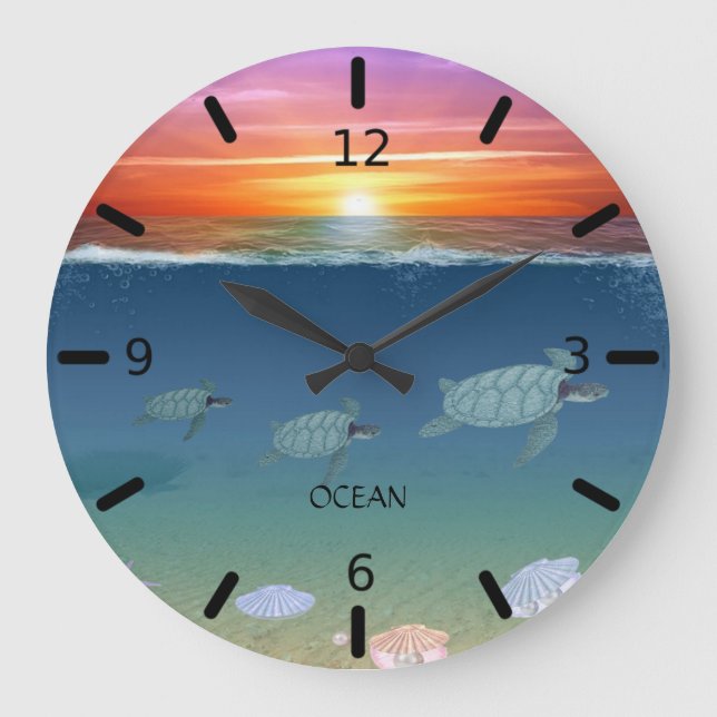 Ocean sunrise, sea turtles & pearls large clock (Front)