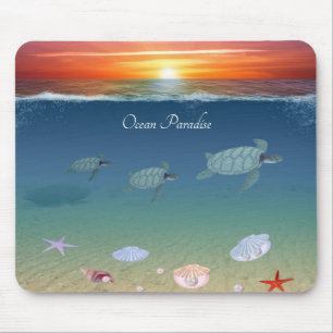 Ocean sunrise, swimming sea turtles and shells mouse pad