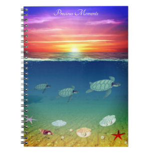 Ocean sunrise, swimming sea turtles & shells notebook
