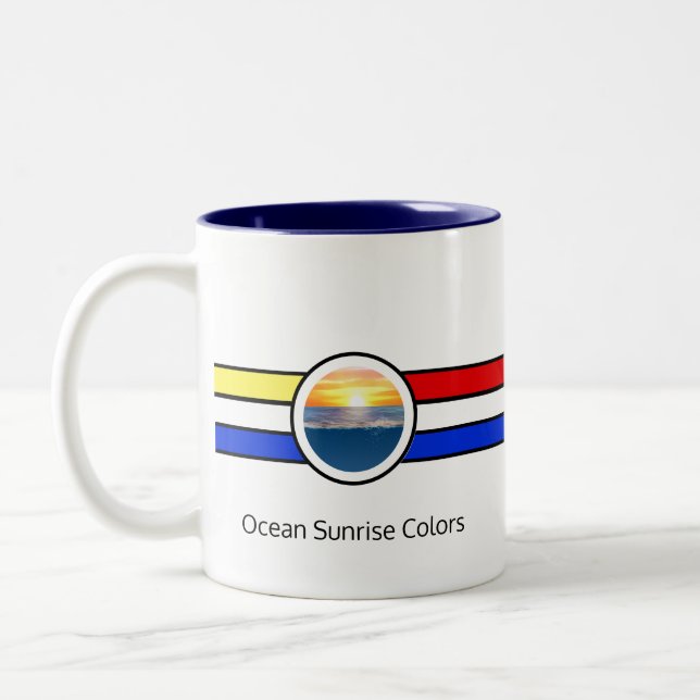 Ocean Sunrise with Primary Colours & Stripes Two-T Two-Tone Coffee Mug (Left)
