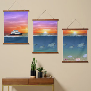 Ocean Sunrise, Yacht, Sea Turtles and Pearls Hanging Tapestry