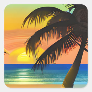 Ocean, Sunset and Palm Tree Square Sticker
