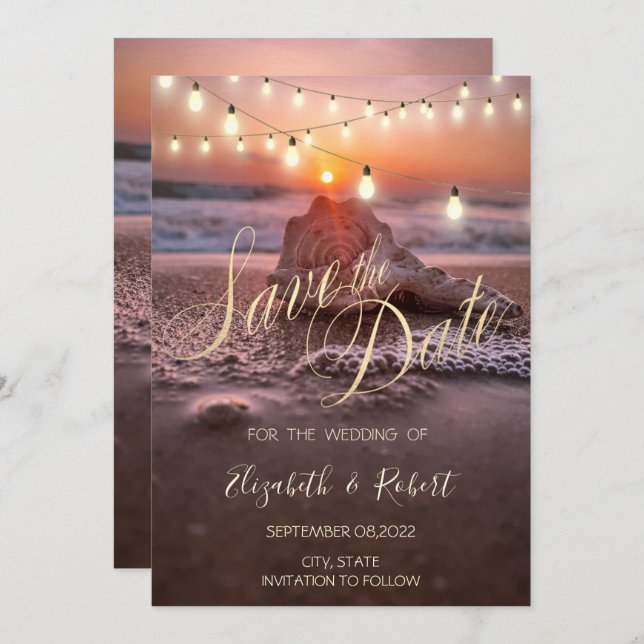 Ocean Sunset Beach Seashell,Light  Save The Date (Front/Back)
