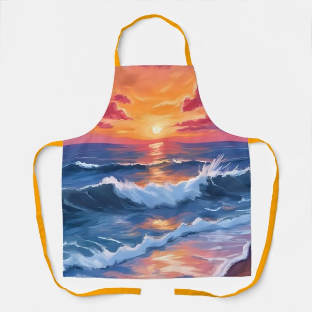 Ocean Sunset Beach Waves Watercolor Apron (Front)