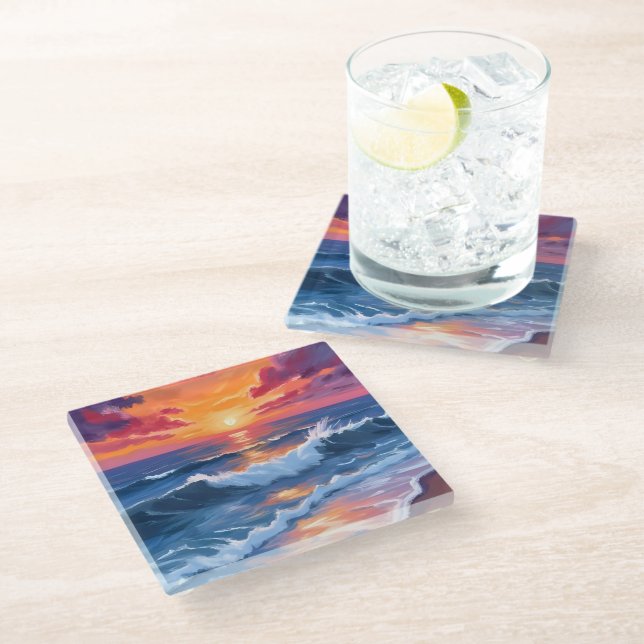 Ocean Sunset Beach Waves Watercolor Card Glass Coaster (Angled)