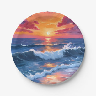 Ocean Sunset Beach Waves Watercolor Card Paper Plate