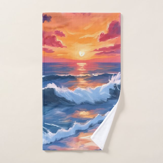 Ocean Sunset Beach Waves Watercolor Hand Towel (Hand Towel)