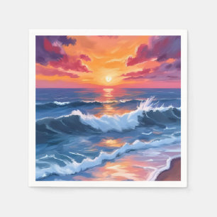 Ocean Sunset Beach Waves Watercolor Napkin