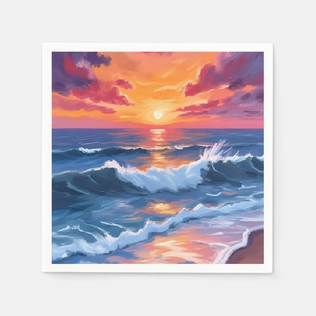 Ocean Sunset Beach Waves Watercolor Napkin (Front)