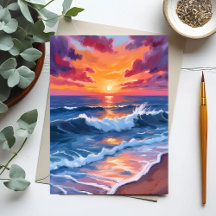 Ocean Sunset Beach Waves Watercolor