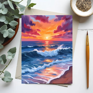 Ocean Sunset Beach Waves Watercolor Postcard