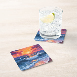 Ocean Sunset Beach Waves Watercolor Square Paper Coaster