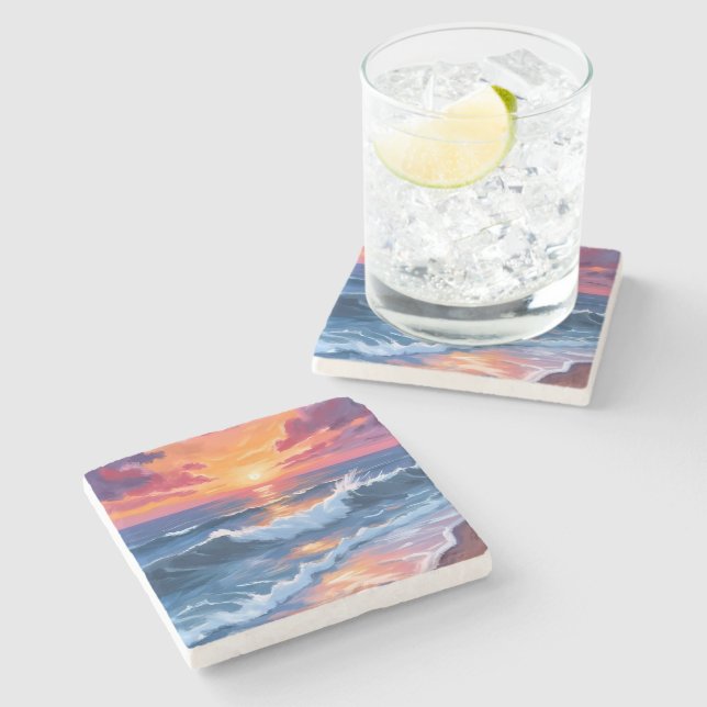 Ocean Sunset Beach Waves Watercolor Stone Coaster (Side)