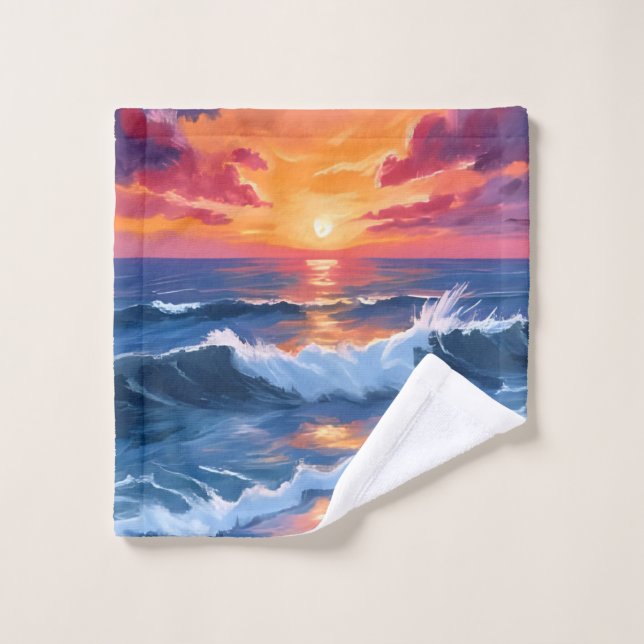Ocean Sunset Beach Waves Watercolor Wash Cloth (Wash Cloth)