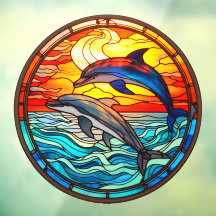Ocean Sunset Dolphins Jumping Faux Stained Glass