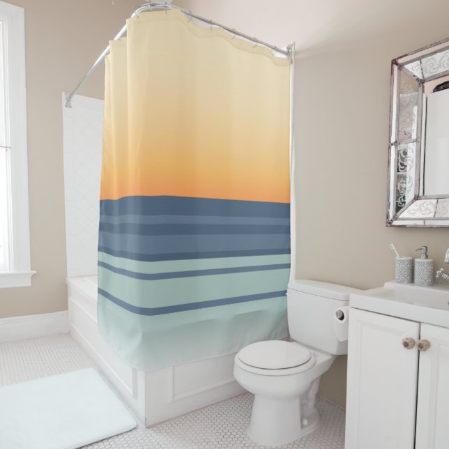 Ocean Sunset Fading Orange and Blue Abstract Shower Curtain (In Situ)