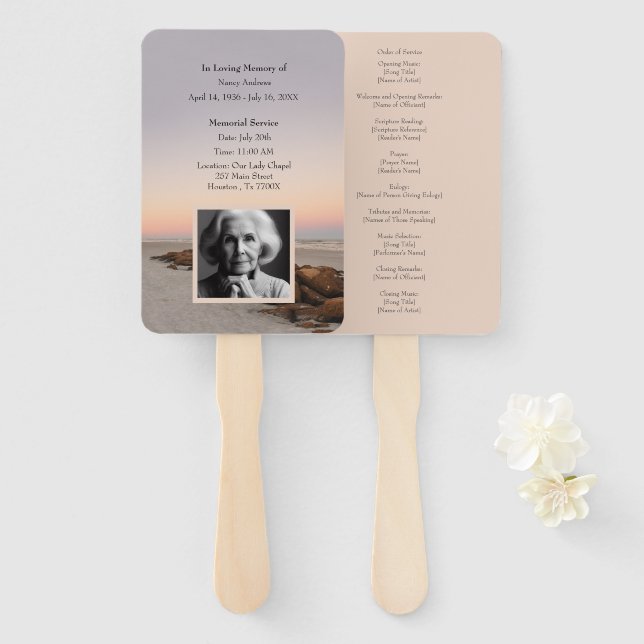 Ocean Sunset Funeral Memorial Program Hand Fan (Front and Back)