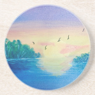 Ocean Sunset Original Oil Painting on a Coaster