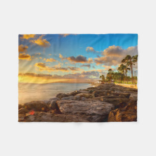Ocean Sunset Over Rocks And Palm O'Ahu Fleece Blanket