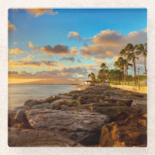 Ocean Sunset Over Rocks And Palm O'Ahu Glass Coaster