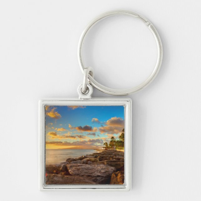 Ocean Sunset Over Rocks And Palm | O'Ahu Key Ring (Front)
