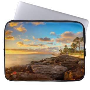 Ocean Sunset Over Rocks And Palm O'Ahu Laptop Sleeve