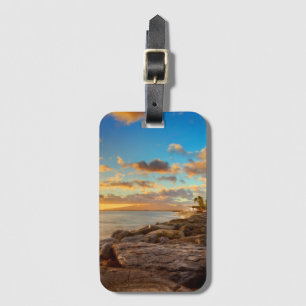 Ocean Sunset Over Rocks And Palm O'Ahu Luggage Tag