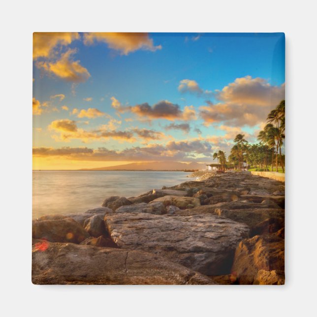 Ocean Sunset Over Rocks And Palm | O'Ahu Magnet (Front)