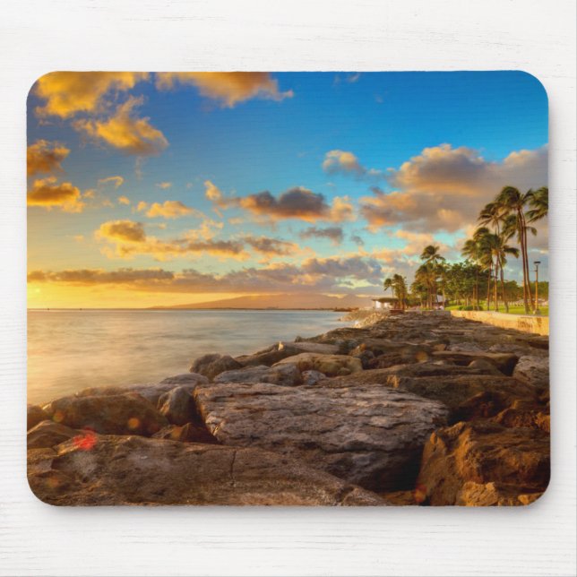 Ocean Sunset Over Rocks And Palm | O'Ahu Mouse Pad (Front)