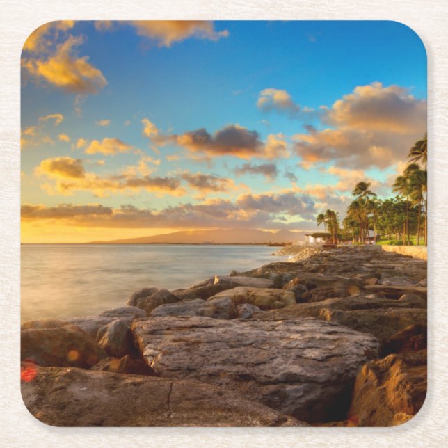 Ocean Sunset Over Rocks And Palm | O'Ahu Square Paper Coaster (Front)