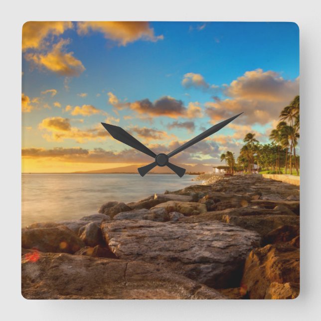 Ocean Sunset Over Rocks And Palm | O'Ahu Square Wall Clock (Front)