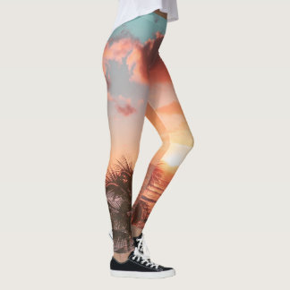 Ocean Sunset Palm Tree Orange Clouds Leggings