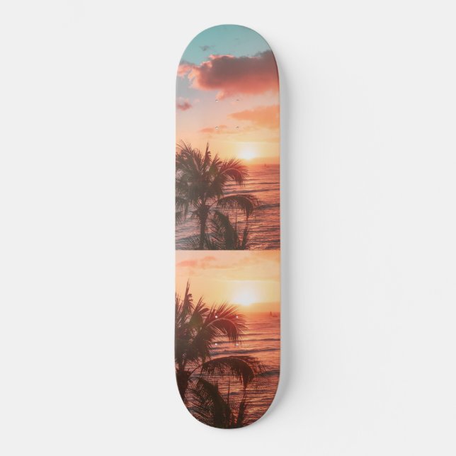 Ocean Sunset Palm Tree Orange Clouds  Skateboard (Front)