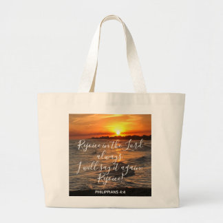 Ocean Sunset, w/ Scripture Verse Philippians 4:4 Large Tote Bag