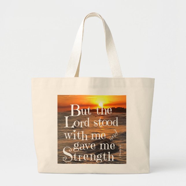 Ocean Sunset, w/ Scripture Verse Timothy 4:17 Large Tote Bag (Front)