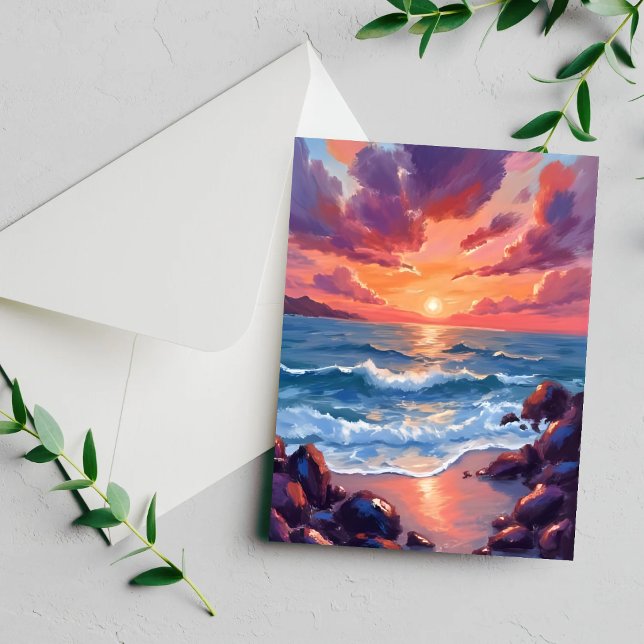 Ocean Sunset Watercolor Beach Coastal Card (Creator Uploaded)