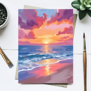 Ocean Sunset Watercolor Waves Sea Painting Postcard