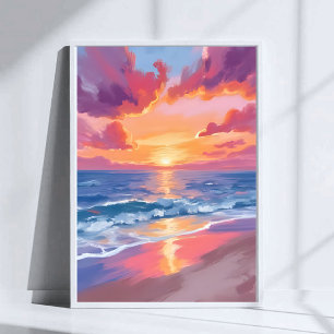 Ocean Sunset Watercolor Waves Sea Painting Poster